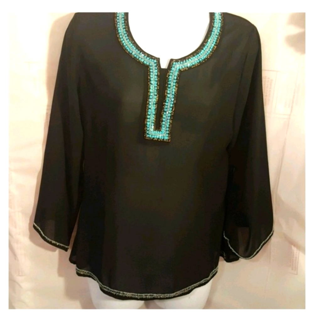 Vandana  Womens Tunic Sheer Beaded Blouse Top   - Small.